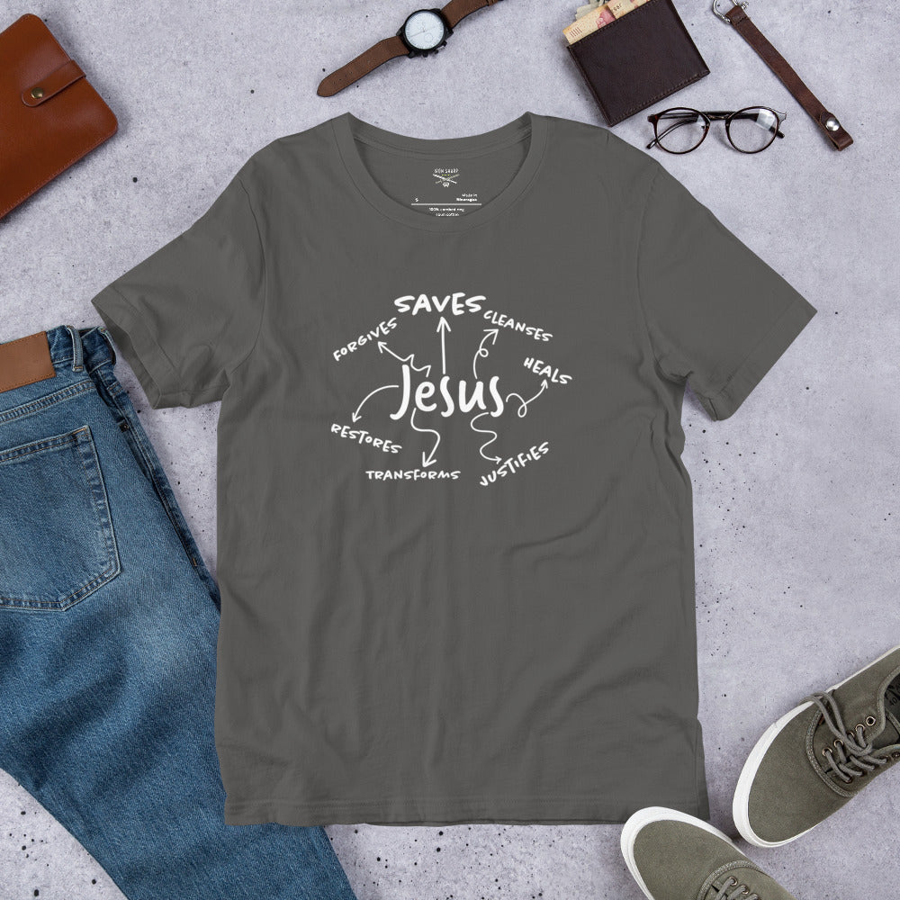 Jesus Saves, Forgives and Restores WLtr Unisex t-shirt