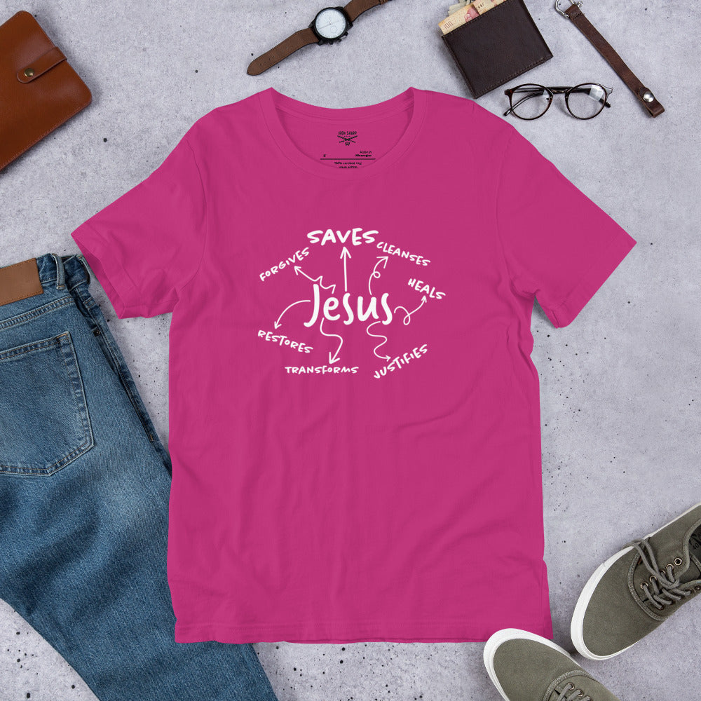 Jesus Saves, Forgives and Restores WLtr Unisex t-shirt