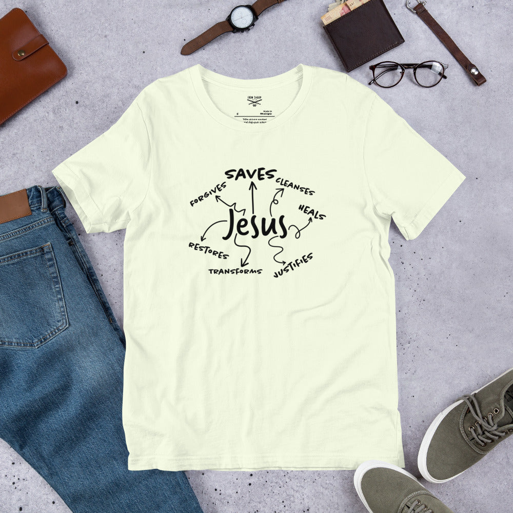 Jesus Saves, Forgives and Restores Unisex t-shirt