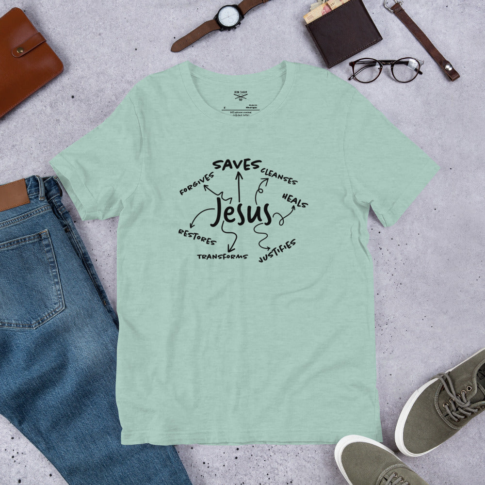 Jesus Saves, Forgives and Restores Unisex t-shirt