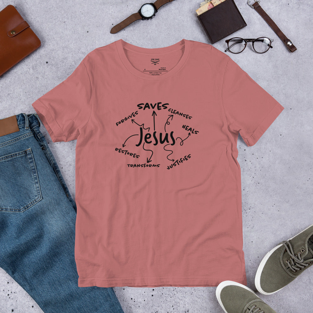 Jesus Saves, Forgives and Restores Unisex t-shirt