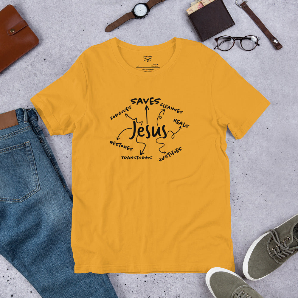 Jesus Saves, Forgives and Restores Unisex t-shirt