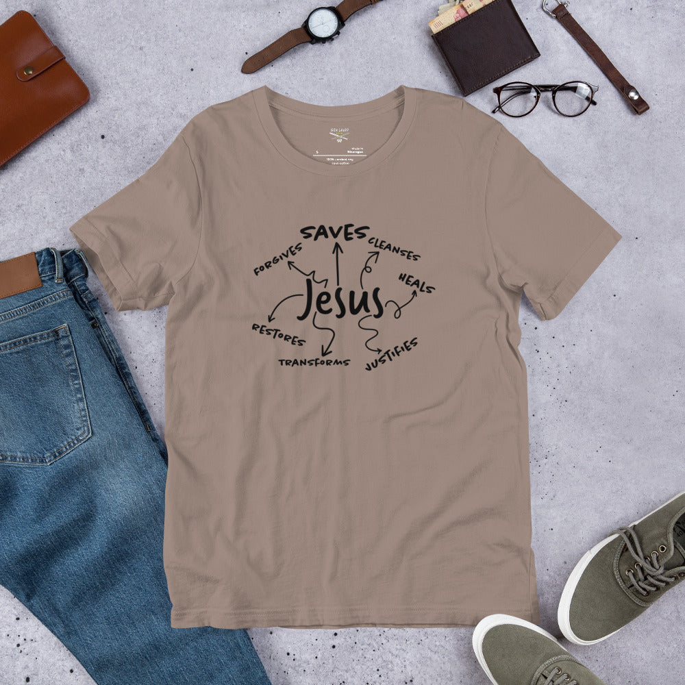 Jesus Saves, Forgives and Restores Unisex t-shirt