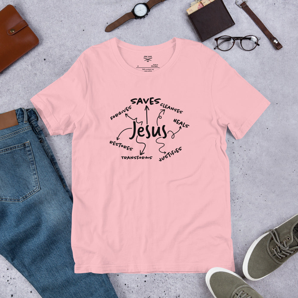 Jesus Saves, Forgives and Restores Unisex t-shirt