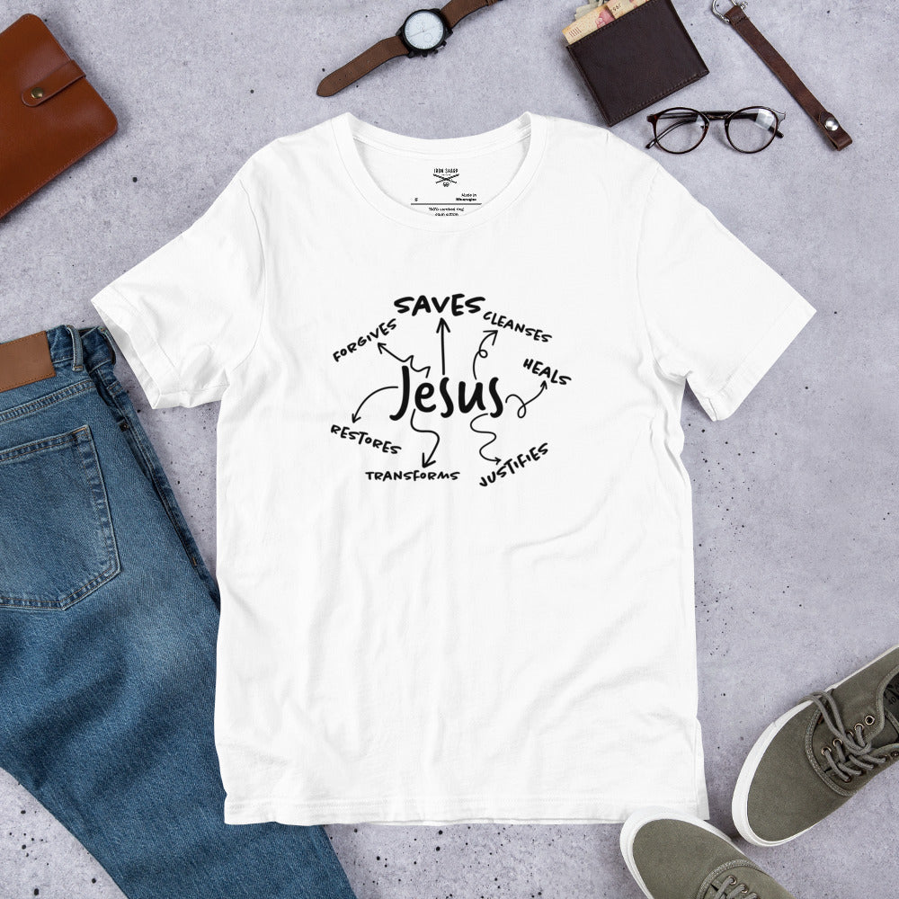 Jesus Saves, Forgives and Restores Unisex t-shirt